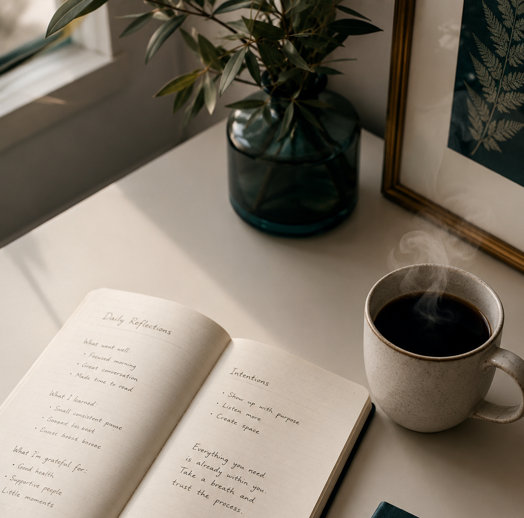 A journal and coffee on a desk